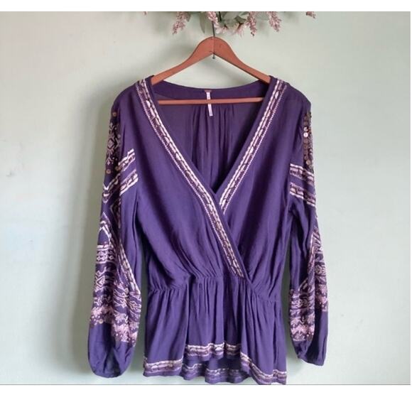 Free People Sequins Blouse Women Sz S Purple  Embroidered Long Puff Sleeves Boho - Picture 15 of 15